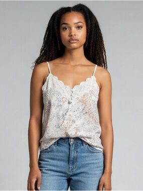 Abercrombie & Fitch Lace-Trim Printed Cami in Cream and Light Brown Y2K babydoll